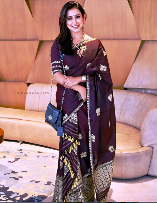 Handwoven Cotton Mekhela Chador in Coffee Color-Genuine Handloom