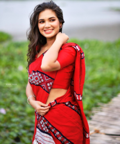 Handwoven Cotton Mekhela Chador in Red and Black-Genuine Handloom