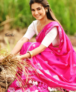 Handwoven Cotton Mekhela Chador in Pink and White-Genuine Handloom