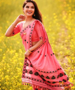 Handwoven Cotton Mekhela Chador in Pink and Black-Genuine Handloom
