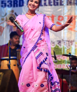 Handwoven Cotton Mekhela Chador in Pink and Blue-Genuine Handloom