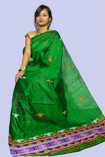 Assam silk sarees Deep Green Cotton Dimasa Design – MugaSilk