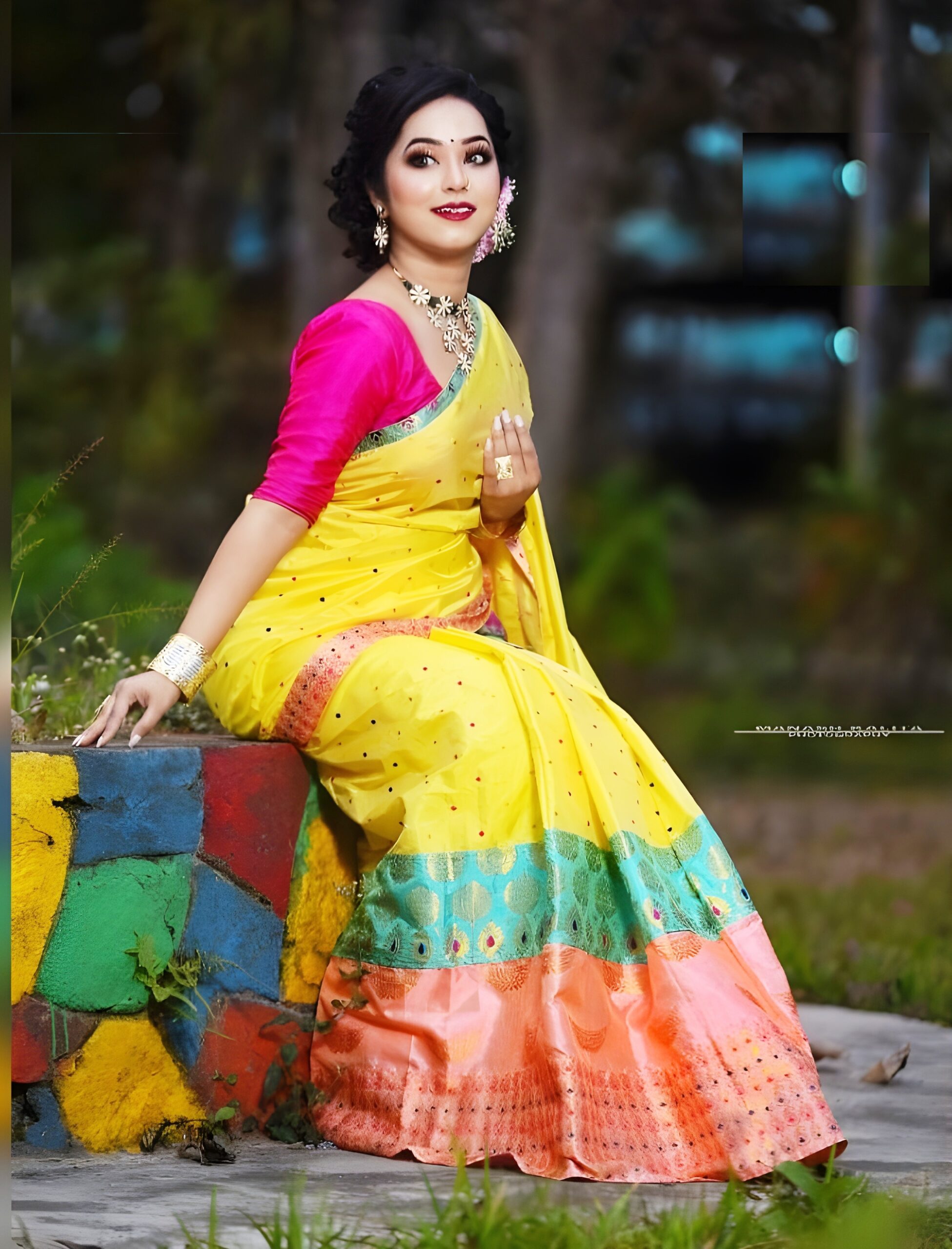 Assam Silk Mekhela Chadar Yellow Pat Silk Bridal Design | MugaSilk