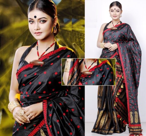 Assam Silk Mekhela Chadar Black Pat Silk Bridal Design