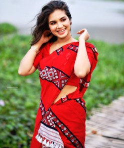 Handwoven Cotton Mekhela Chador in Red and Black-Genuine Handloom