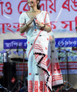 Handwoven Cotton Mekhela Chador in White and Pink-Genuine Handloom