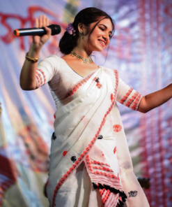 Handwoven Cotton Mekhela Chador in White and Pink-Genuine Handloom