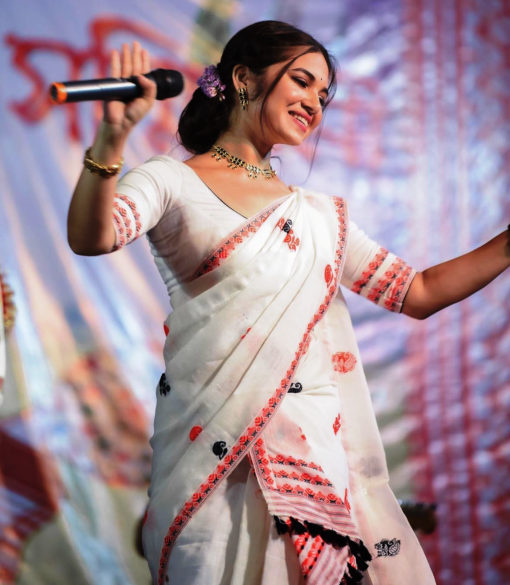 Handwoven Cotton Mekhela Chador in White and Pink-Genuine Handloom