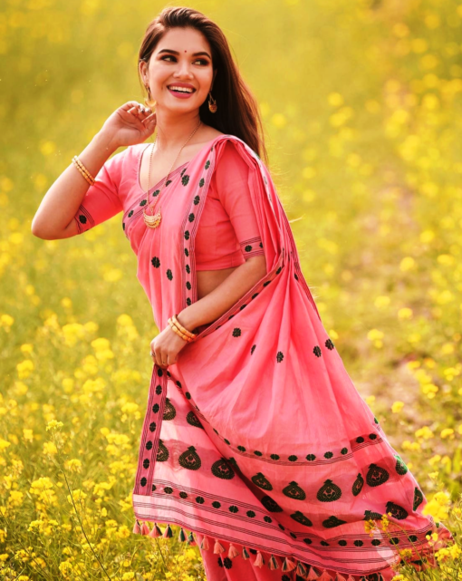 Handwoven Cotton Mekhela Chador in Pink and Black-Genuine Handloom