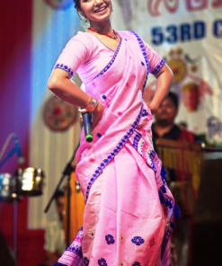 Handwoven Mekhela Chador in Pink and Blue-Genuine