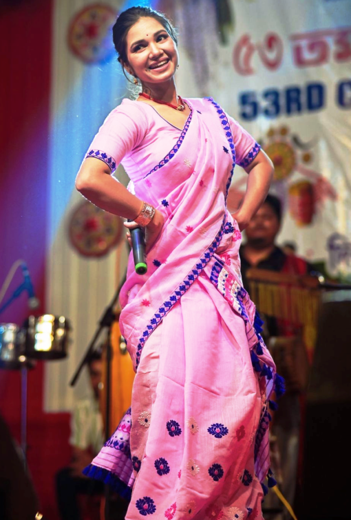 Handwoven Mekhela Chador in Pink and Blue-Genuine