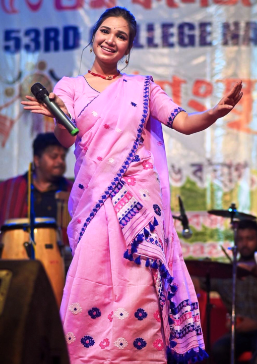 Handwoven Cotton Mekhela Chador in Pink and Blue-Genuine Handloom